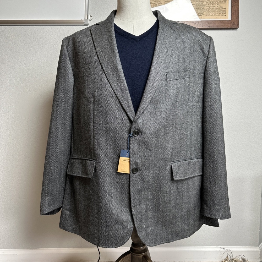 NWT Charles Tyrwhitt Wool Herringbone Blazer Men 50R Grey Classic Fit Jacket